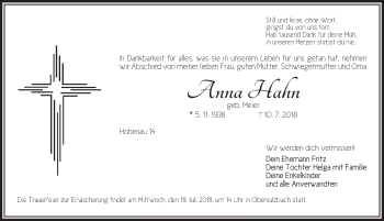 Traueranzeige von Anna Hahn von Ansbach