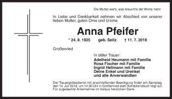 Traueranzeige von Anna Pfeifer von Ansbach