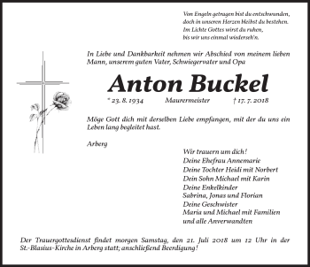 Traueranzeige von Anton Buckel von Ansbach