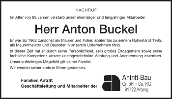 Traueranzeige von Anton Buckel von Dinkelsbuhl/ Feuchtwangen