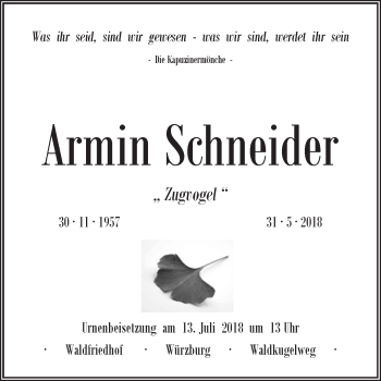 Traueranzeige von Armin Schneider von Neustadt/ Scheinfeld/ Uffenheim