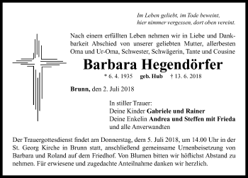 Traueranzeige von Barbara Hegendörfer von Neustadt/ Scheinfeld/ Uffenheim