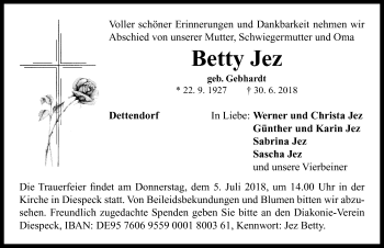 Traueranzeige von Betty Jez von Neustadt/ Scheinfeld/ Uffenheim