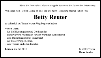 Traueranzeige von Betty Reuter von Neustadt/ Scheinfeld/ Uffenheim