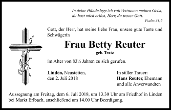 Traueranzeige von Betty Reuter von Neustadt/ Scheinfeld/ Uffenheim