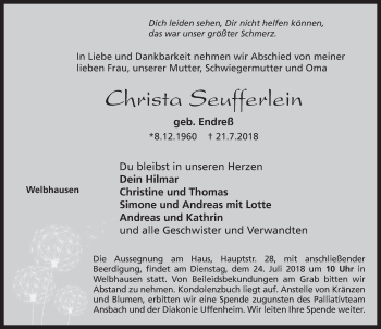 Traueranzeige von Christa Seufferlein von Neustadt/ Scheinfeld/ Uffenheim