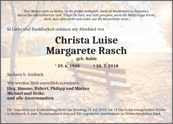 Traueranzeige von Christa Luise Margarete Rasch von Ansbach