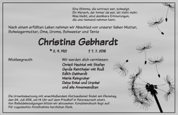 Traueranzeige von Christina Gebhardt von Ansbach