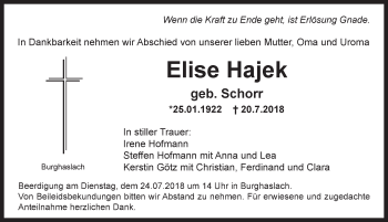 Traueranzeige von Elise Hajek von Neustadt/ Scheinfeld/ Uffenheim