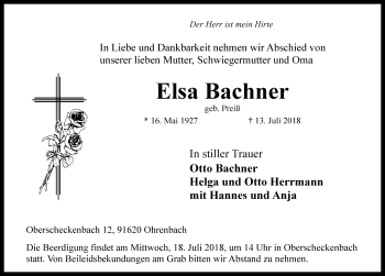 Traueranzeige von Elsa Bachner von Rothenburg