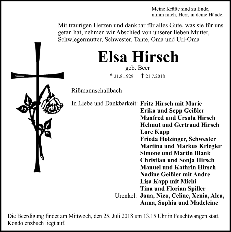  Traueranzeige für Elsa Hirsch vom 24.07.2018 aus Dinkelsbühl/ Feuchtwangen