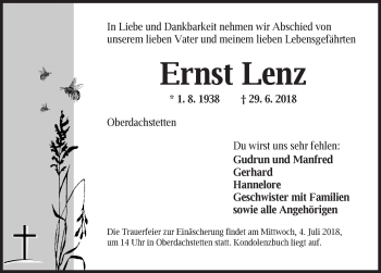 Traueranzeige von Ernst Lenz von Ansbach