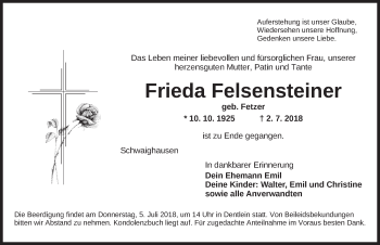 Traueranzeige von Frieda Felsensteiner von Dinkelsbuhl/ Feuchtwangen