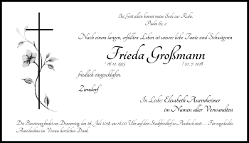 Traueranzeige von Frieda Großmann von Dinkelsbühl/ Feuchtwangen