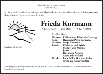 Traueranzeige von Frieda Kormann von Ansbach