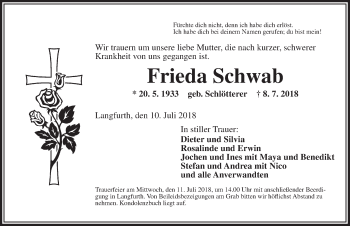 Traueranzeige von Frieda Schwab von Dinkelsbühl/ Feuchtwangen