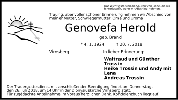 Traueranzeige von Genovefa Herold von Ansbach