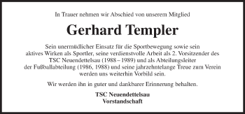 Traueranzeige von Gerhard Templer von Ansbach