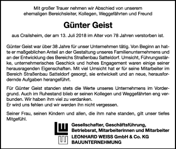 Traueranzeige von Günter Geist von Rothenburg