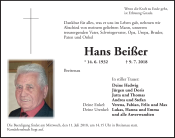 Traueranzeige von Hans Beißer von Ansbach