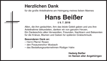 Traueranzeige von Hans Beißer von Dinkelsbuhl/ Feuchtwangen