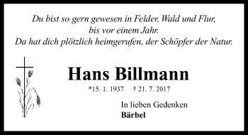 Traueranzeige von Hans Billmann von Neustadt/ Scheinfeld/ Uffenheim