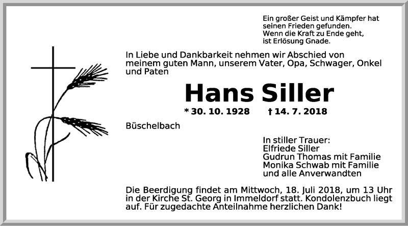  Traueranzeige für Hans Siller vom 17.07.2018 aus Rothenburg