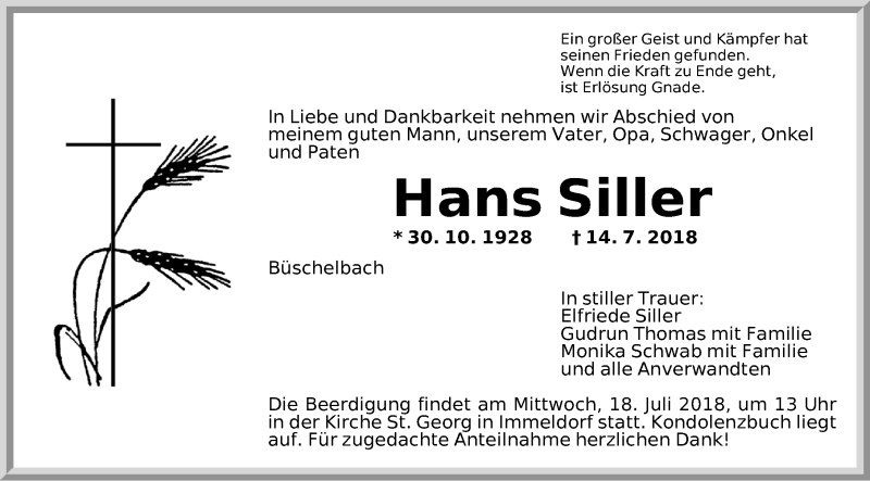  Traueranzeige für Hans Siller vom 17.07.2018 aus Gesamtausgabe