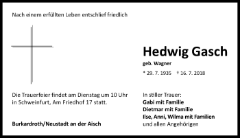 Traueranzeige von Hedwig Gasch von Neustadt/ Scheinfeld/ Uffenheim