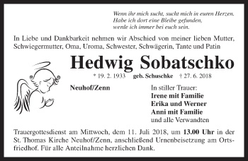 Traueranzeige von Hedwig Sobatschko von Neustadt/ Scheinfeld/ Uffenheim