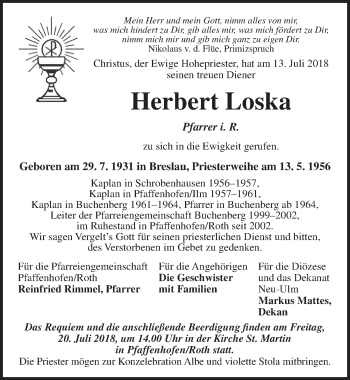 Traueranzeige von Herbert Loska von Dinkelsbuhl/ Feuchtwangen