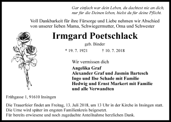 Traueranzeige von Irmgard Poetschlack von Rothenburg