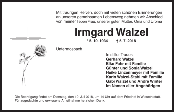 Traueranzeige von Irmgard Walzel von Dinkelsbühl/ Feuchtwangen