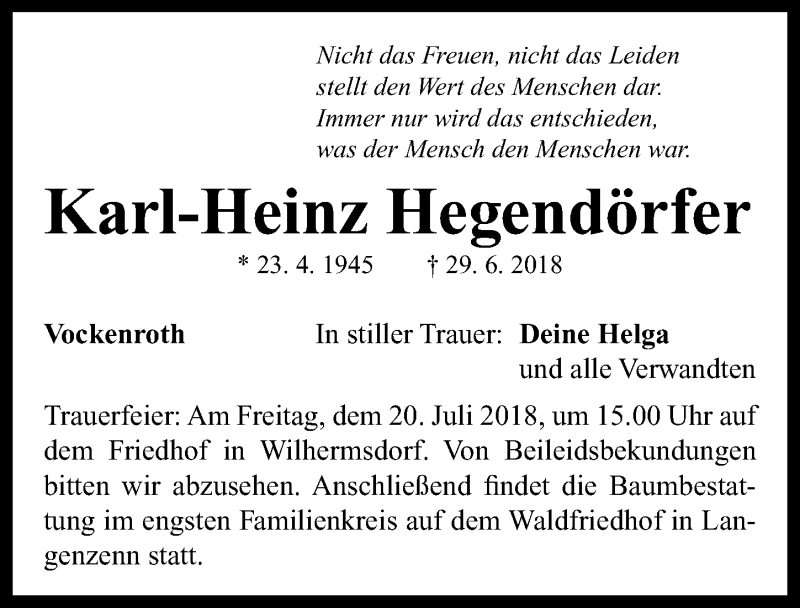  Traueranzeige für Karl-Heinz Hegendörfer vom 16.07.2018 aus Neustadt/ Scheinfeld/ Uffenheim