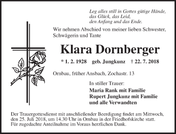 Traueranzeige von Klara Dornberger von Ansbach