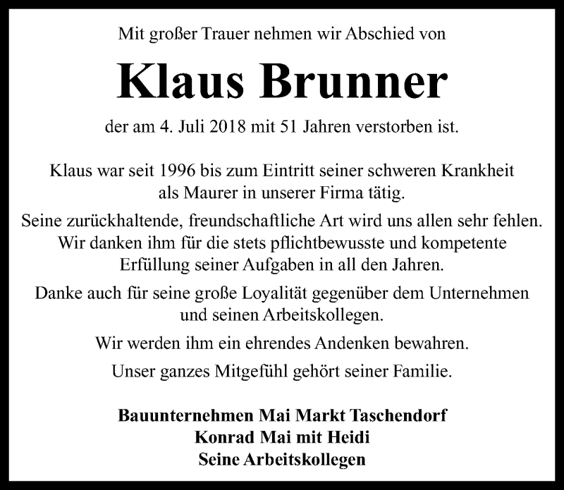  Traueranzeige für Klaus Brunner vom 14.07.2018 aus Neustadt/ Scheinfeld/ Uffenheim