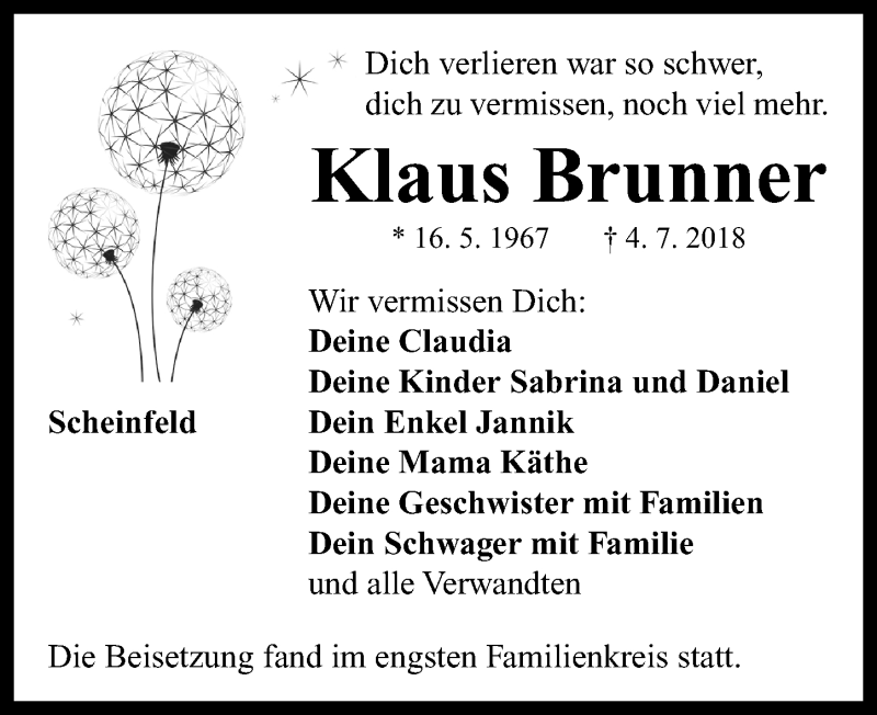  Traueranzeige für Klaus Brunner vom 14.07.2018 aus Neustadt/ Scheinfeld/ Uffenheim