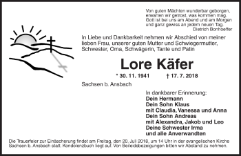 Traueranzeige von Lore Käfer von Ansbach