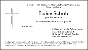 Traueranzeige von Luise Schuh von Ansbach