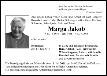 Traueranzeige von Marga Jakob von Neustadt/ Scheinfeld/ Uffenheim