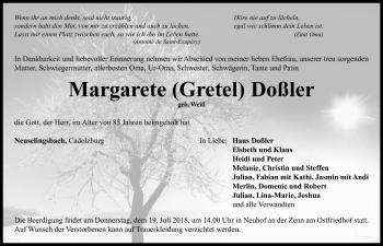 Traueranzeige von Margarete Doßler von Neustadt/ Scheinfeld/ Uffenheim