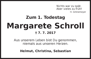 Traueranzeige von Margarete Schroll von Ansbach