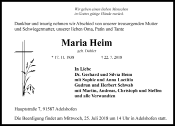 Traueranzeige von Maria Heim von Rothenburg