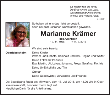 Traueranzeige von Marianne Krämer von Neustadt/ Scheinfeld/ Uffenheim