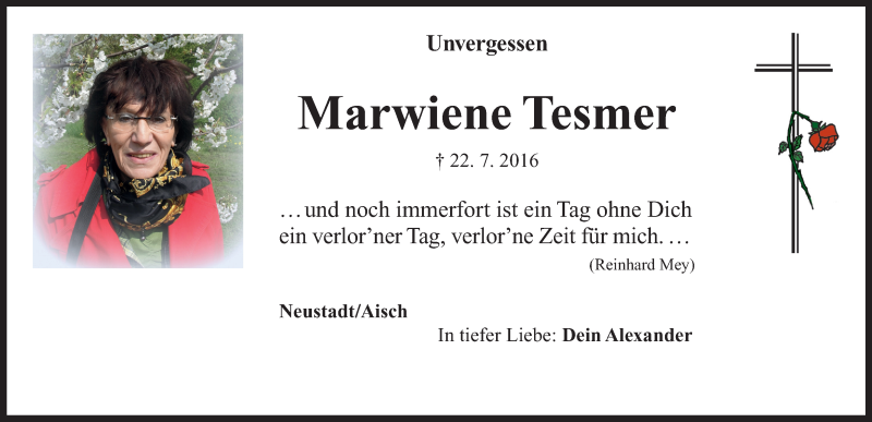  Traueranzeige für Marwiene Tesmer vom 21.07.2018 aus Neustadt/ Scheinfeld/ Uffenheim