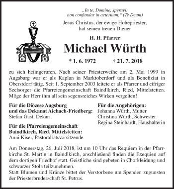 Traueranzeige von Michael  Würth von Dinkelsbühl/ Feuchtwangen