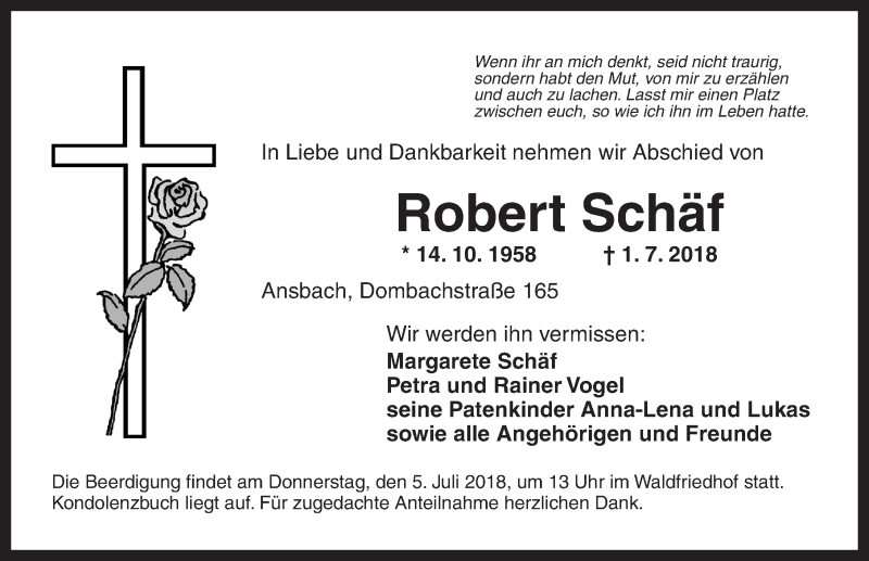  Traueranzeige für Robert Schäf vom 03.07.2018 aus Ansbach