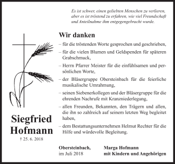 Traueranzeige von Siegfried Hofmann von Neustadt/ Scheinfeld/ Uffenheim