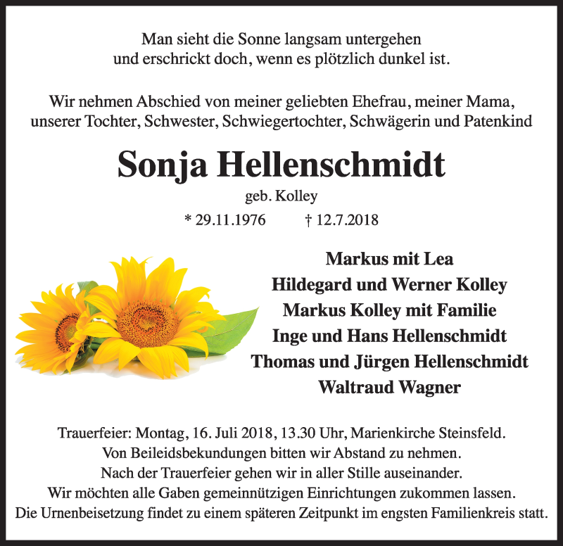  Traueranzeige für Sonja Hellenschmidt vom 14.07.2018 aus Rothenburg