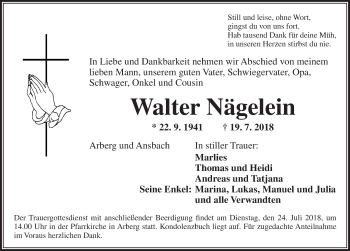 Traueranzeige von Walter Nägelein von Dinkelsbuhl/ Feuchtwangen